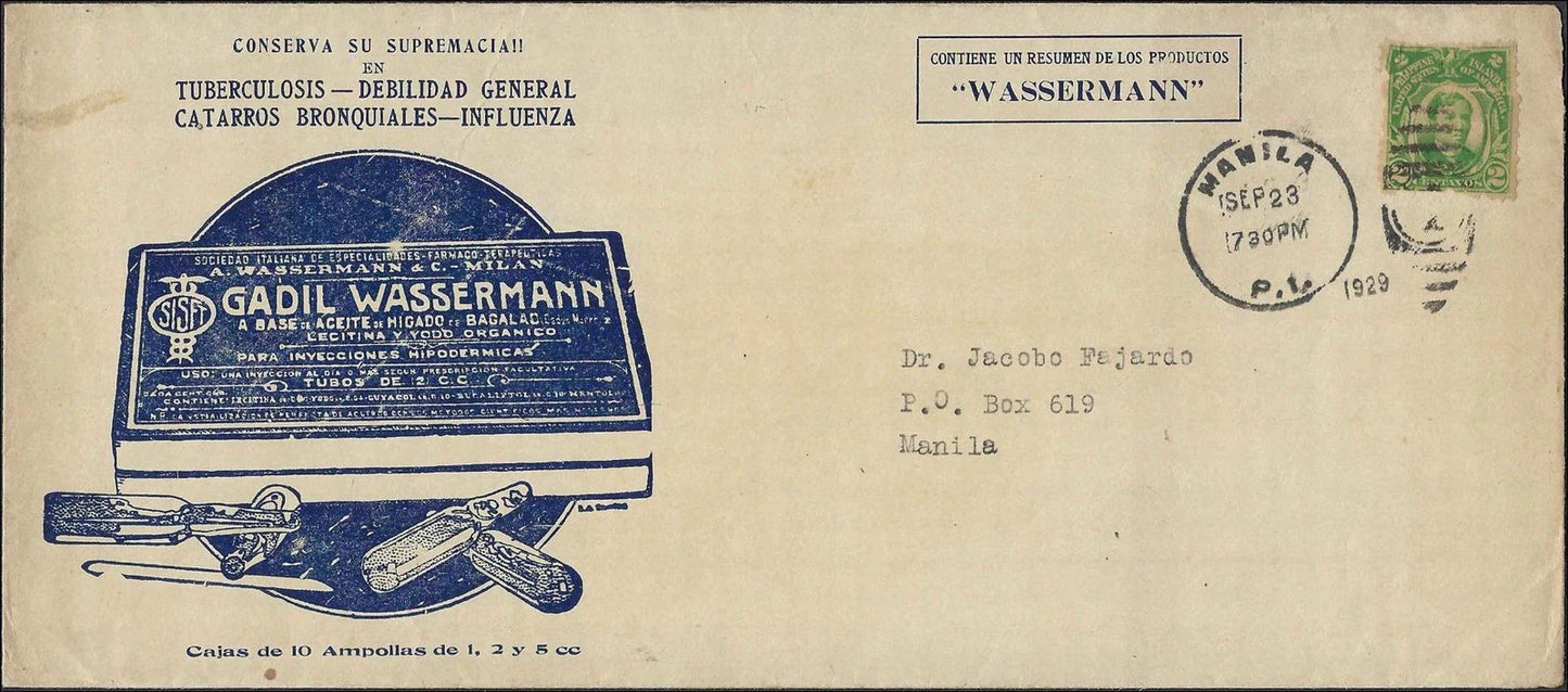 1929 Manila Gadil Wassermann TB Medical Advertising Cover Insert