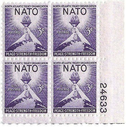 1951 NATO Plate Block of 4 3c Postage Stamps - Scott 1008 - MNH,OG