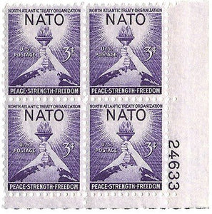 1951 NATO Plate Block of 4 3c Postage Stamps - Sc# 1008 - MNH,OG