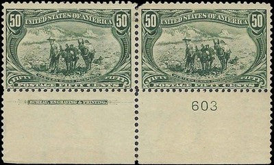 c1898 - Trans-Mississippi 50c - Scott 291 - Imprint Pair - MH, OG -One Pulled Perf
