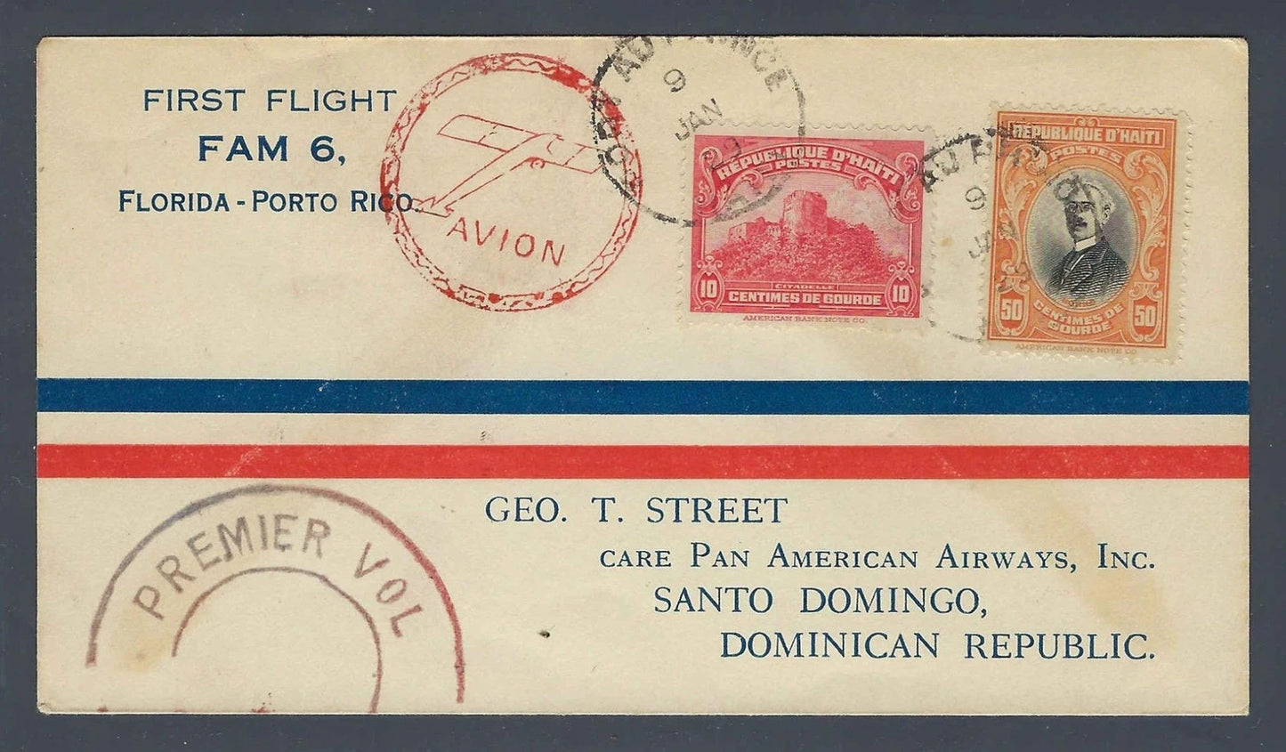 1929 FAM 6 First Flight Cover Port au Prince Haiti to Santo Domingo PAA Map