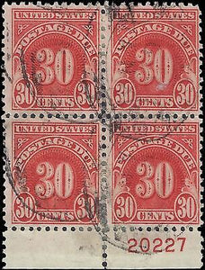VEGAS - 1930 Postage Due 30c - Scott J75 - Used Plate Number Block - Perf 11