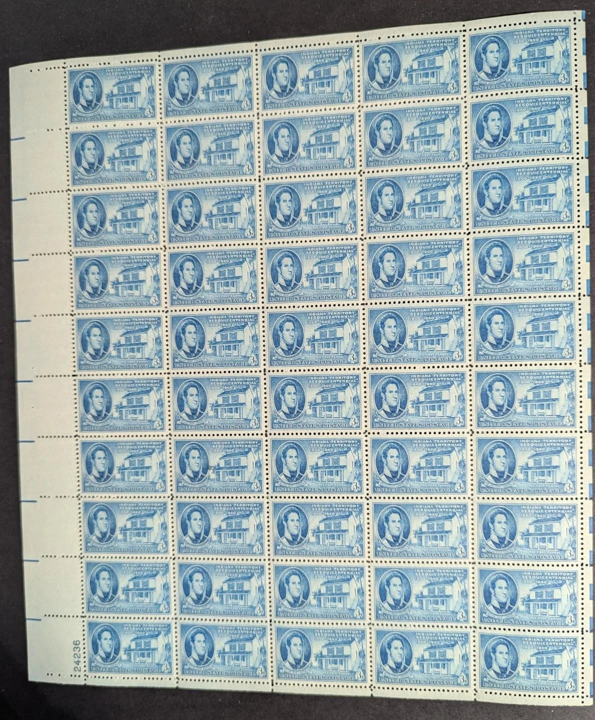 1950 USA Indiana 3c Sheet -Scott 996 -MNH, Undisturbed OG -No Sig Flaws