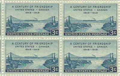1948 Century of Friendship U.S. & Canada Block of 4 3c Stamps, Scott961, MNH, OG