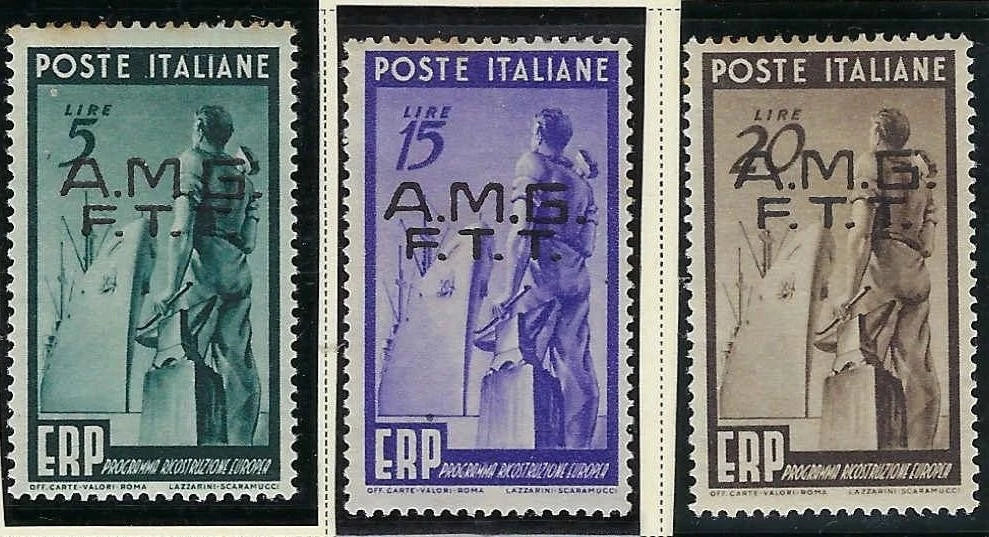 1949 Italy Trieste Scott 42-44 - All Mint Lightly Hinged! - Toning at Top