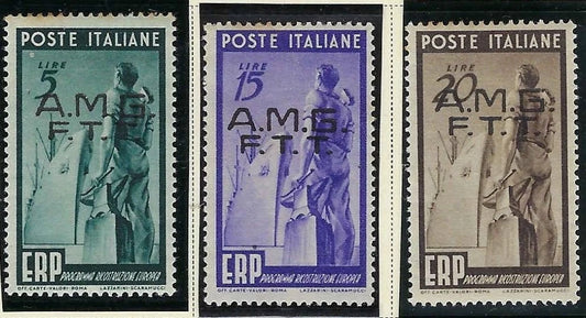 1949 Italy Trieste Scott 42-44 - All Mint Lightly Hinged! - Toning at Top