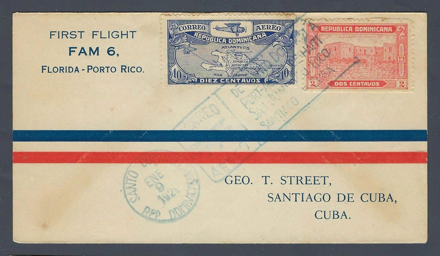 1929 FAM 6 First Flight Cover Santo Domingo Dominican Republic Caribbean Route