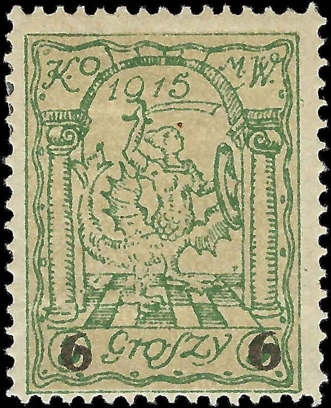 1915 WARSAW Stadtpost Poland Mi 8B 6gr on 5gr Polonia Green MH Signed S Kamiński