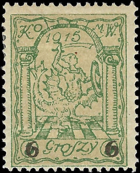 1915 WARSAW Stadtpost Poland Mi 8B 6gr on 5gr Polonia Green MH Signed S Kamiński