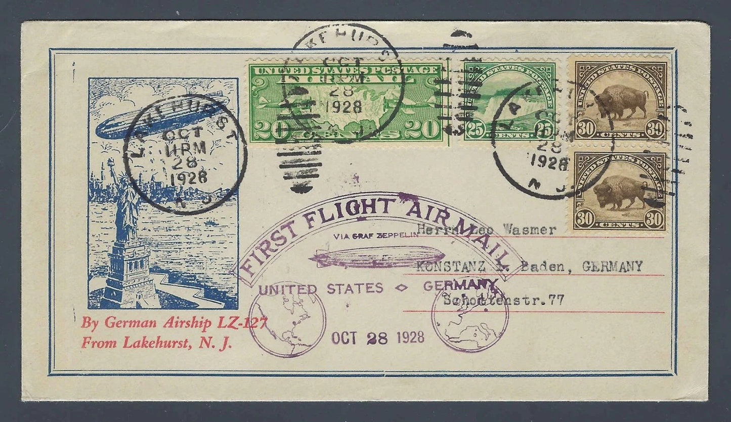 1928 Graf Zeppelin LZ-127 First Flight Cover Lakehurst to Germany C9 568 569