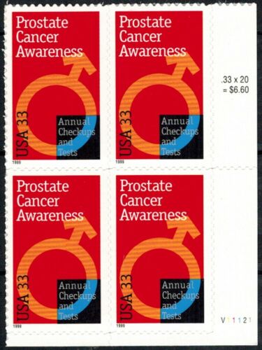 1999 Prostate Cancer Awareness Plate Block of 4 33c Stamps, Scott 3315, MNH, OG