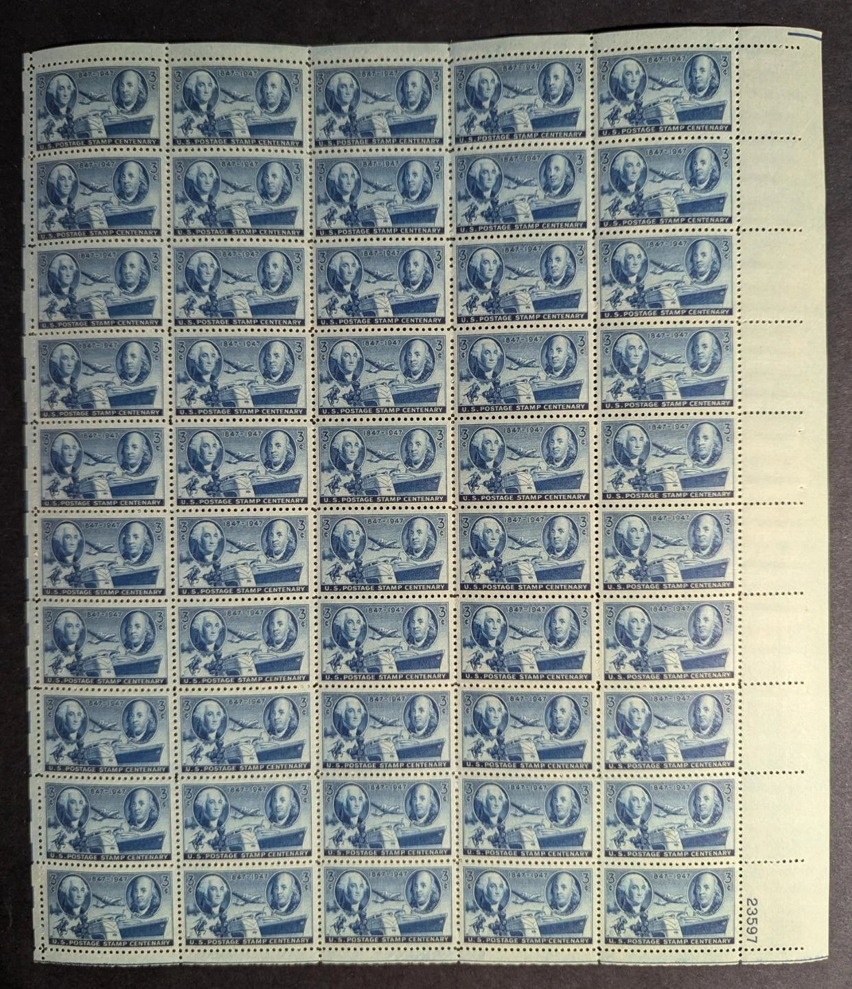 1947 USA Mail Carry 3c Sheet -Scott 947 -MNH, Undisturbed OG - No Sig Flaws-2
