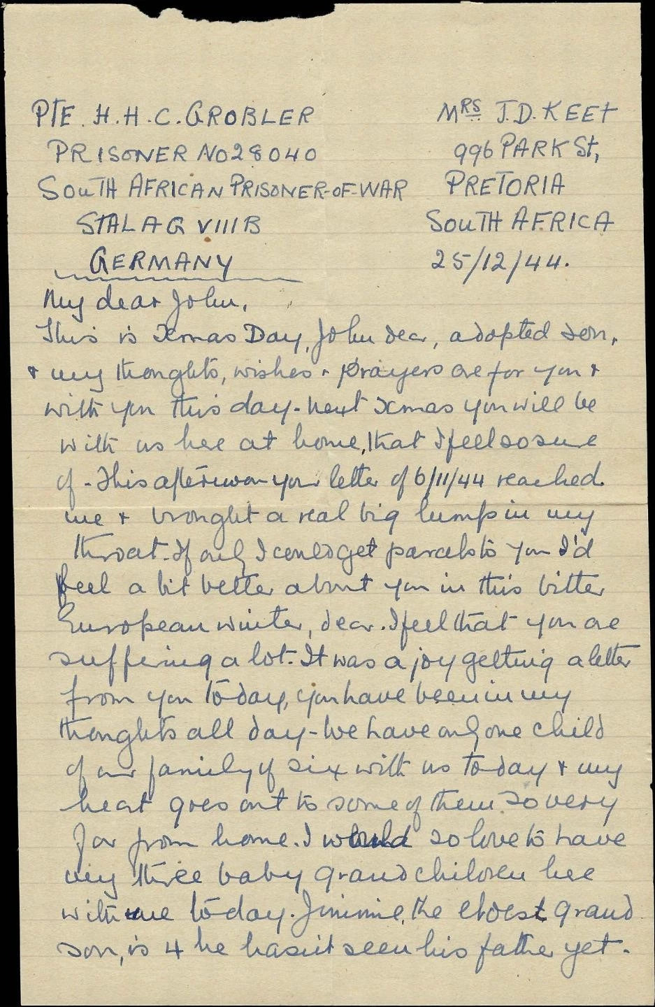 WW2 Cover & Christmas Letter from South Africa to POW in Germany Stalag VIIIB