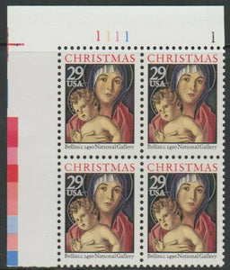 1992 Christmas Madonna by Bellini Plate Block of 4 29c Stamps, Sc#2710, MNH, OG
