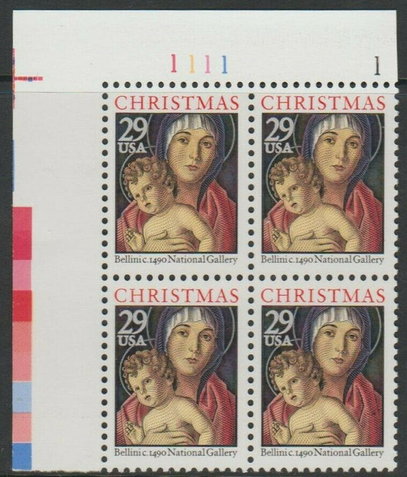 1992 Christmas Madonna by Bellini Plate Block of 4 29c Stamps, Sc#2710, MNH, OG
