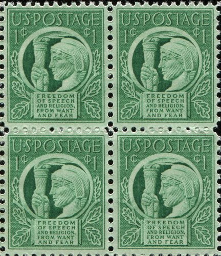 1943 Freedom of Religion & Speech, Block of 4 1c Postage Stamps, Scott908, MNH, OG