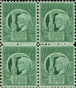 1943 Freedom of Religion & Speech, Block of 4 1c Postage Stamps, Sc#908, MNH, OG