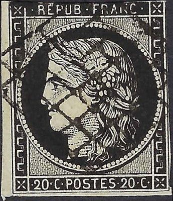 c1849 France 20c Used - Small Thin - Scott 3