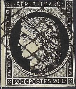 c1849 France 20c Used - Small Thin - Scott 3