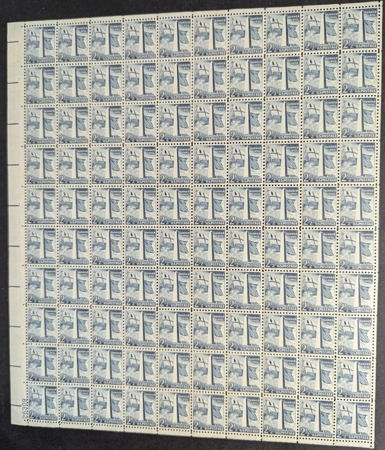 1954 USA Bunker Hill 2 1/2c Sheet -Scott 1034 -MNH, Undist OG - No Sig Flaws