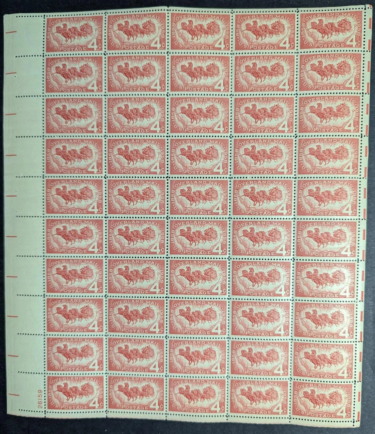 1958 USA 4c Overland Mail Sheet -Scott 1120 -MNH, Undisturbed OG -No Sig Flaws