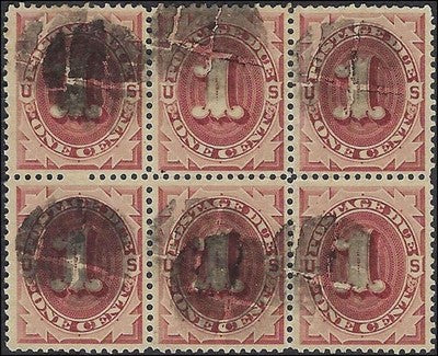 c1884 - Postage Due Scott J15 Block of 6 - Used - Choice Centering!
