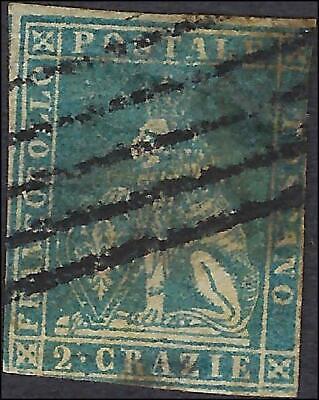VEGAS - 1851-52 Tuscany Italy 2 Crazie Stamp -Scott 5 - Cat= $160 - Thin Bottom