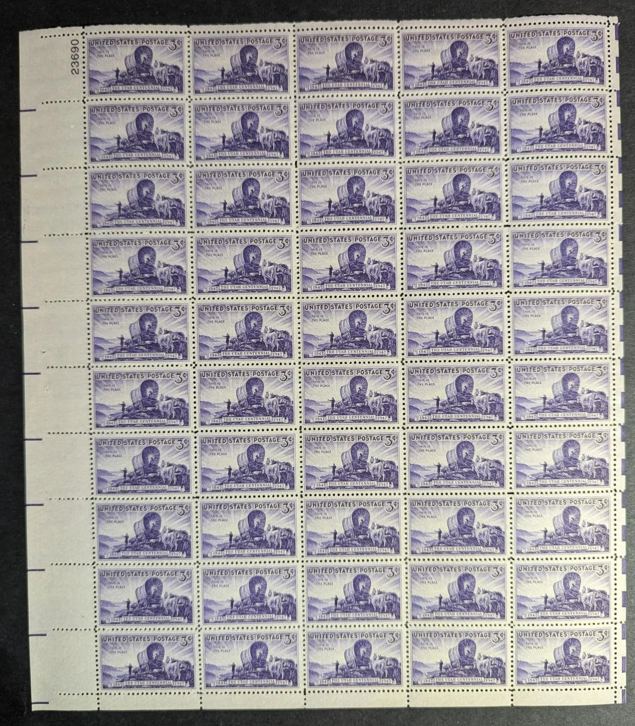 1947 USA Utah 3c Sheet -Scott 950 -MNH, Undisturbed OG - No Sig Flaws