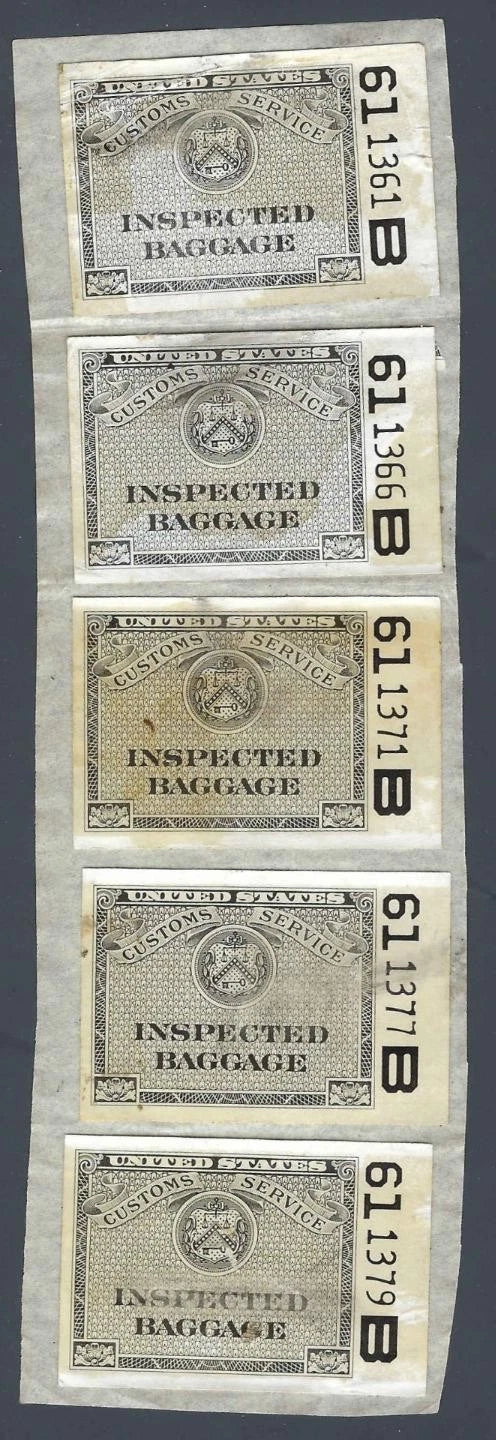 Unused US Customs Baggage Inspection Stamp Strip of 5 - Some Flaws