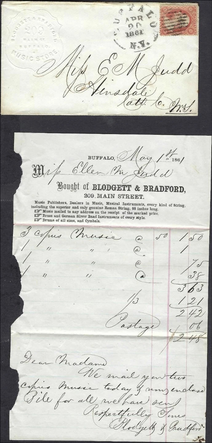 c1861 - Scott #26 On Embossed Ad Cover -Blodgett & Bradford Music Store, Buffalo
