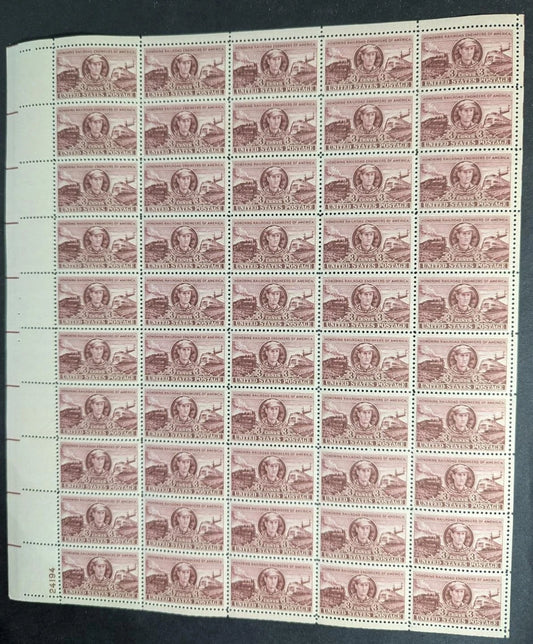 1950 USA Casey Jones 3c Sheet -Scott 993 -MNH, Undisturbed OG -No Sig Flaws