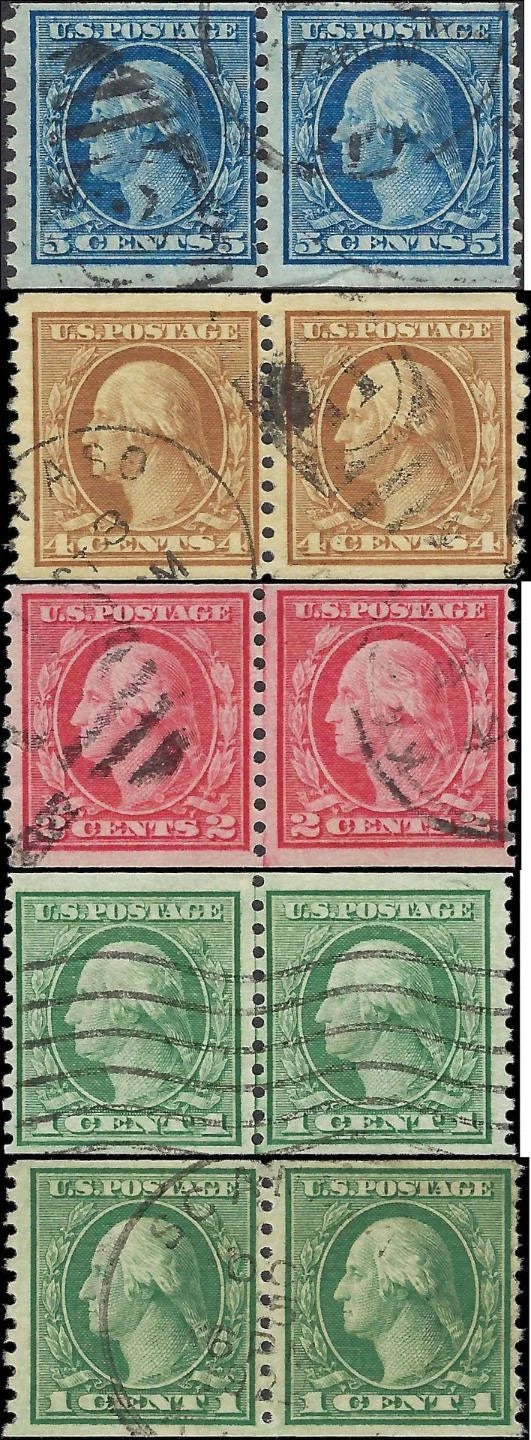 c1916-19 - Scott # 490x2,492, 495, 496 - Used Coil Pairs - No WM, Perf 10