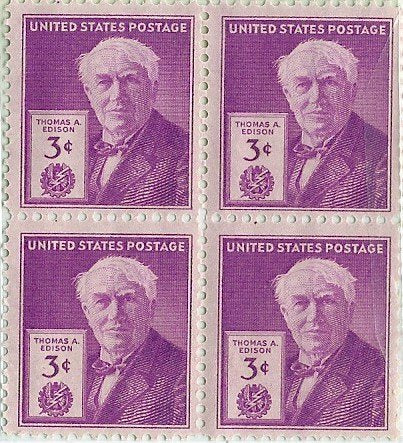 1947 Thomas Edison Block Of 4 3c Postage Stamps, Scott945, MNH, OG