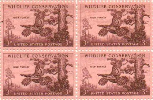 1956 Conservation Wild Turkey Block of 4 3c Postage Stamps, Scott 1077, MNH, OG