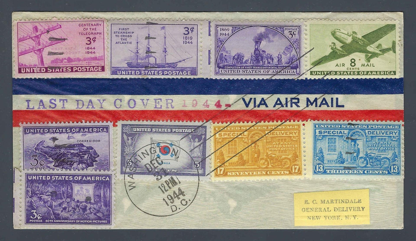 1944 Last Day of Year Multi-Franked Cover 8 Stamps Washington DC