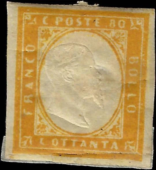 1862 Sardinia Italy 80c Stamp - Scott 14 - MH - Repaired Edge Tear Bottom