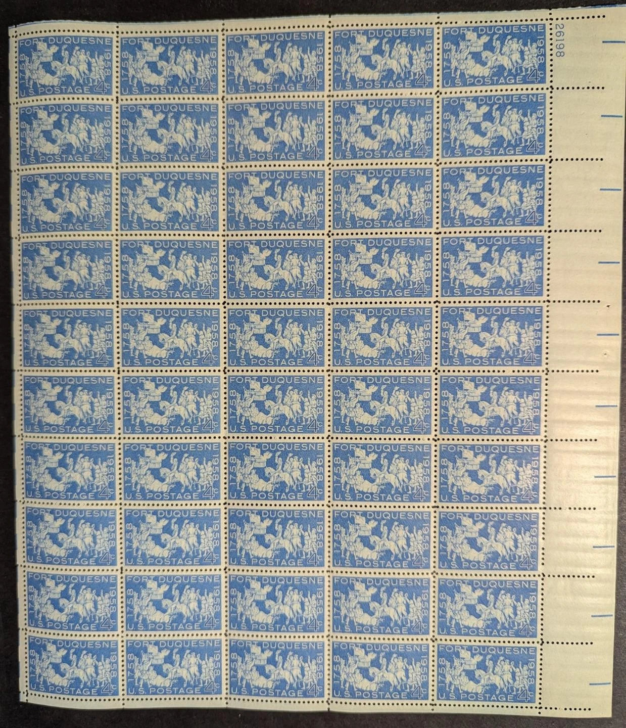 1958 USA 4c Fort Duquesne Sheet -Scott 1123 -MNH, Undisturbed OG -No Sig Flaws