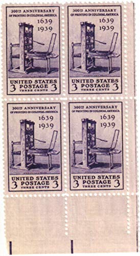 1939 Printing Tercentenary Block of 4 x 3 ¢ Postage Stamps, Scott857, MNH, OG