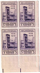 1939 Printing Tercentenary Block of 4 x 3 ¢ Postage Stamps, Sc#857, MNH, OG