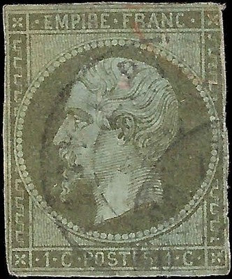 c1853 France 1c Used - Thin - Scott 12 - Cat= $62.50