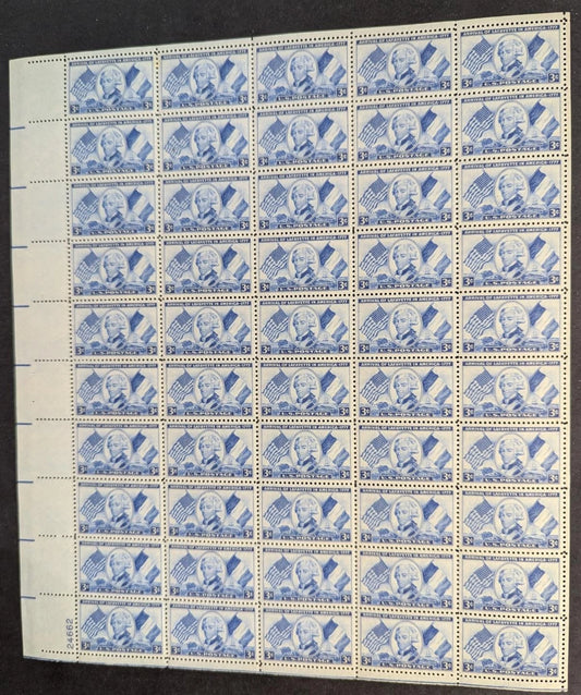 1952 USA Lafayette 3c Sheet -Scott 1010 -MNH, Undisturbed OG - No Sig Flaws -2