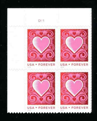 2014 Love-Heart Plate Block of 4 46c Postage Stamps, Scott 4847, MNH, OG