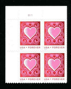 2014 Love-Heart Plate Block of 4 46c Postage Stamps, Sc# 4847, MNH, OG