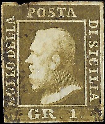 VEGAS - 1859 Two Sicilies, Italy 1g Stamp - Scott 11 -Thin, Flaw Top Edge Cat $875