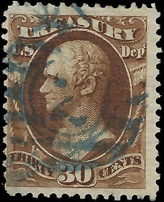 c1873 30c Treasury Official Stamp - Scott O61 - Used with Blue Cancel