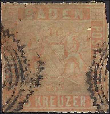 c1861 Baden, Germany 6kr - Scott 13 (Perf 13.5) - with Flaws as Shown - Cat= $72.5