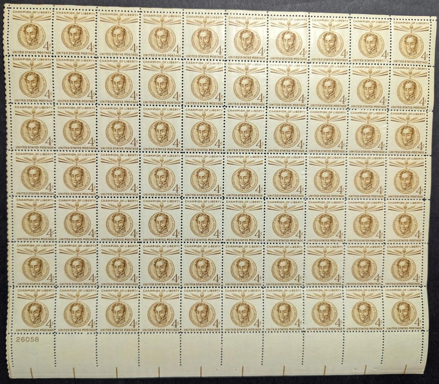 1958 USA 4c Bolivar Sheet -Scott 1110 -MNH, Undisturbed OG -No Sig Flaws
