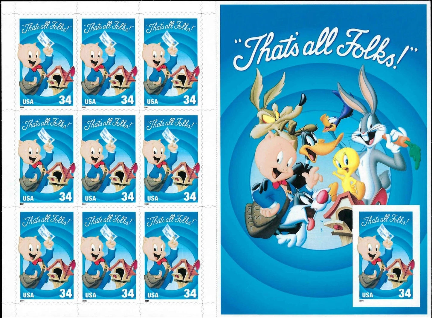 c2001 - Scott 3535 Porky Pig 10th Stamp Imperf Sheet - MNH - Cat= $50