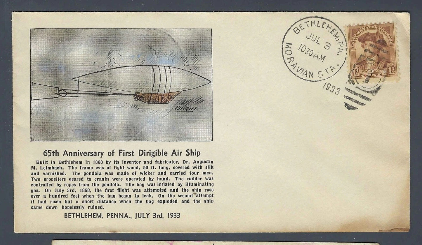 1933 Dirigible Airship 65th Anniversary Cover Bethlehem Pennsylvania Leimbach