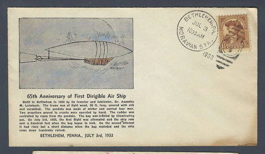 1933 Dirigible Airship 65th Anniversary Cover Bethlehem Pennsylvania Leimbach